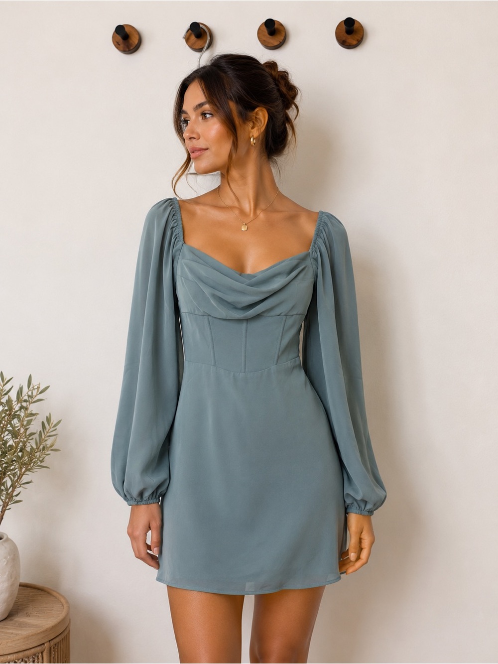 Princess Polly Dusty Blue Long Sleeve Square Neck Mini Dress Romantic Cottagecor